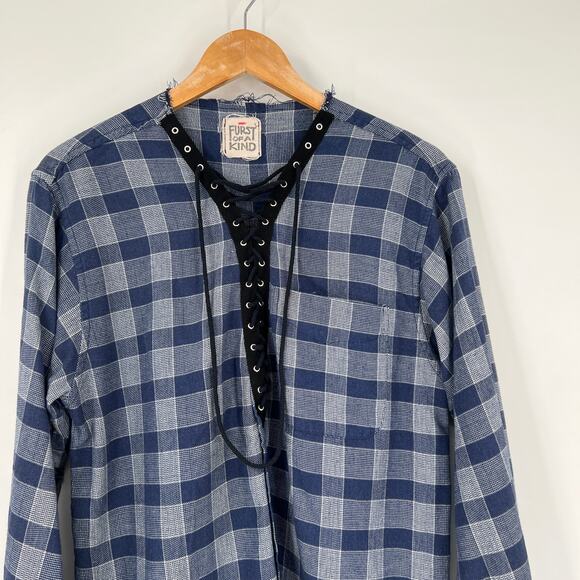 LF Furst of a Kind Upcycled Plaid Flannel Lace Up Neck Long Sleeve Top - Picture 4 of 4